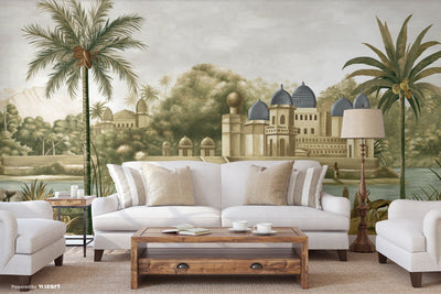 Large Tropical Indian Theme Wall Mural, India Early Morning Wallpaper, Blue Customized Wall Covering, Non-Woven, Non-Pasted, Washable, Removable - Adawall -Houston Wallpaper Store - Walcoverings, Curtains & Wall Panels
