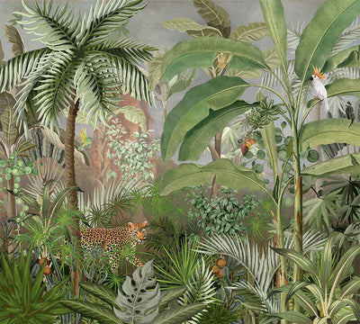 Leopard Jungle Wall Mural, Brown Tropical Parrot Wall Mural, Bedroom, Living Room, Non-Pasted, Extra Large Wall Print, Removable, Forest, Palm Trees - Adawall -Houston Wallpaper Store - Walcoverings, Curtains & Wall Panels