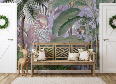 Leopard Jungle Wall Mural, Green Tropical Parrot Wall Mural, Kids Room, Nursery, Non-Pasted, Extra Large Wall Print, Removable, Forest, Palm Trees - Adawall -Houston Wallpaper Store - Walcoverings, Curtains & Wall Panels