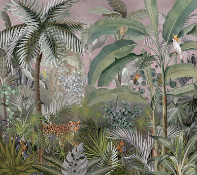Leopard Jungle Wall Mural, Purple Tropical Parrot Wall Mural, Bedroom, Living Room, Non-Pasted, Extra Large Wall Print, Removable, Forest, Palm Trees - Adawall -Houston Wallpaper Store - Walcoverings, Curtains & Wall Panels