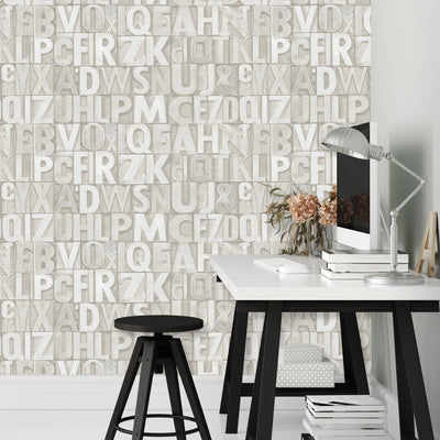Letters Wallpaper, Rich Textured Wallcovering, Traditional, White Light Color, Extra Large 114 sq ft Roll, Washable, Alphabet Wallpaper - Adawall -Houston Wallpaper Store - Walcoverings, Curtains & Wall Panels