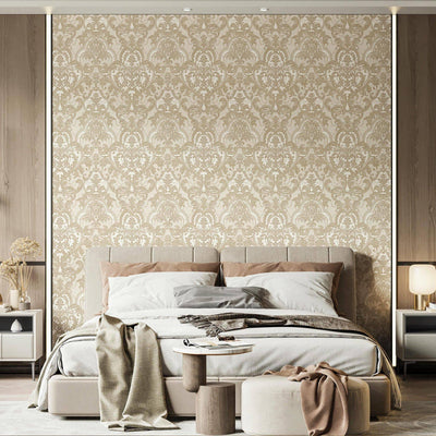 Light Beige, Gold Luxury 3D Damask Wallpaper, Premium Sparkling Velvet Feeling Flocked Wallcovering - Adawall -Houston Wallpaper Store - Walcoverings, Curtains & Wall Panels