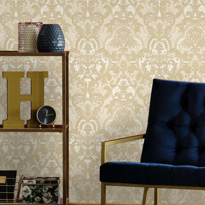 Light Beige, Gold Luxury 3D Damask Wallpaper, Premium Sparkling Velvet Feeling Flocked Wallcovering - Adawall -Houston Wallpaper Store - Walcoverings, Curtains & Wall Panels