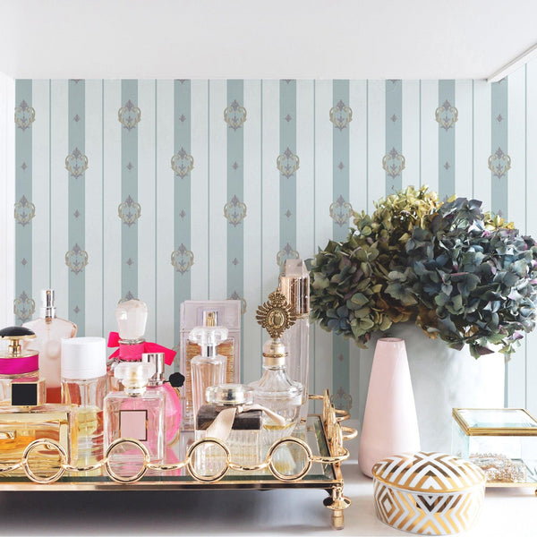 Light Blue Ornate Striped Wallpaper, Deep Embossed Regal Vintage Damask Wallcovering - Adawall -Houston Wallpaper Store - Walcoverings, Curtains & Wall Panels