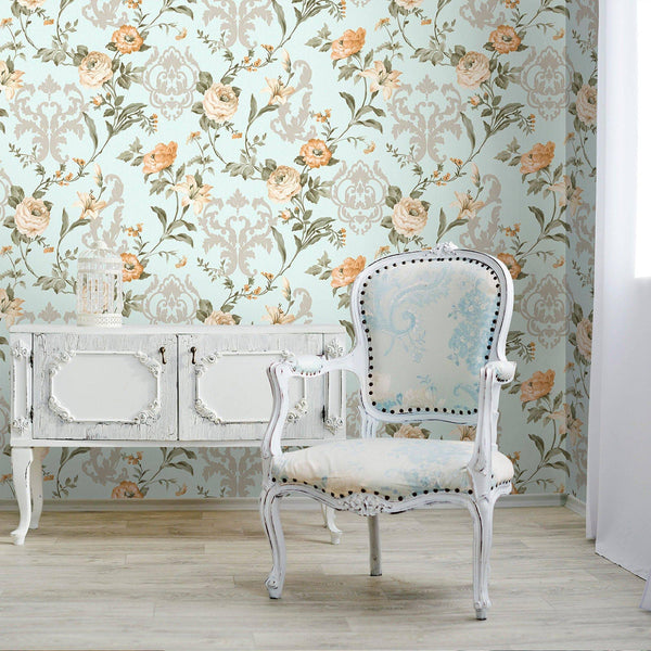 Light Blue Timeless Floral Embossed Rose Wallpaper, Flocked Vivid Color Rose Flowers Pattern - Adawall -Houston Wallpaper Store - Walcoverings, Curtains & Wall Panels