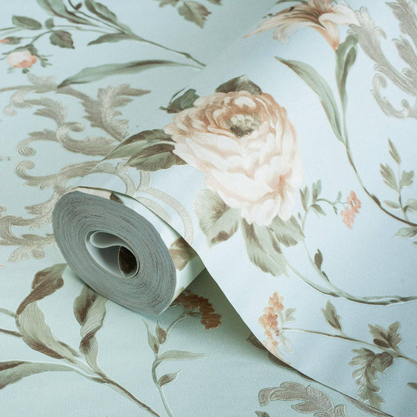 Light Blue Timeless Floral Embossed Rose Wallpaper, Flocked Vivid Color Rose Flowers Pattern - Adawall -Houston Wallpaper Store - Walcoverings, Curtains & Wall Panels