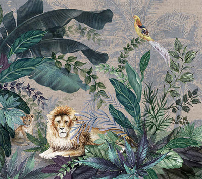 Lion Jungle Wall Mural, Gray Tropical Wall Mural, Interior Decor, Non-Pasted, Extra Large Wall Print, Removable, Forest Theme Wall Art - Adawall -Houston Wallpaper Store - Walcoverings, Curtains & Wall Panels