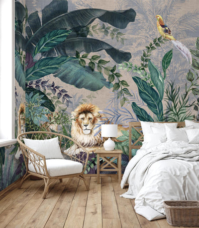 Lion Jungle Wall Mural, Gray Tropical Wall Mural, Interior Decor, Non-Pasted, Extra Large Wall Print, Removable, Forest Theme Wall Art - Adawall -Houston Wallpaper Store - Walcoverings, Curtains & Wall Panels