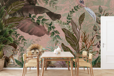 Lion Jungle Wall Mural, Purple Tropical Wall Mural, Interior Decor, Non-Pasted, Extra Large Wall Print, Removable, Forest Theme Wall Art - Adawall -Houston Wallpaper Store - Walcoverings, Curtains & Wall Panels