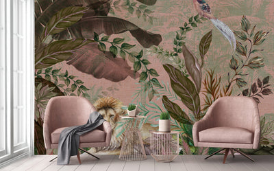 Lion Jungle Wall Mural, Purple Tropical Wall Mural, Interior Decor, Non-Pasted, Extra Large Wall Print, Removable, Forest Theme Wall Art - Adawall -Houston Wallpaper Store - Walcoverings, Curtains & Wall Panels