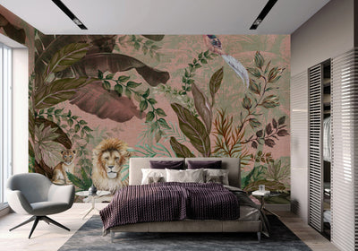 Lion Jungle Wall Mural, Purple Tropical Wall Mural, Interior Decor, Non-Pasted, Extra Large Wall Print, Removable, Forest Theme Wall Art - Adawall -Houston Wallpaper Store - Walcoverings, Curtains & Wall Panels