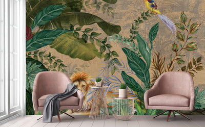 Lion Jungle Wall Mural, Yellow Tropical Wall Mural, Interior Decor, Non-Pasted, Extra Large Wall Print, Removable, Forest Theme Wall Art (Copy) - Adawall -Houston Wallpaper Store - Walcoverings, Curtains & Wall Panels