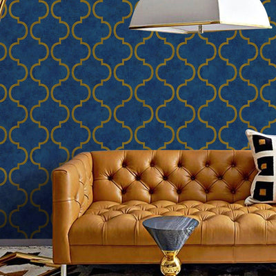 Luxury Blue Moroccan Embossed Wallpaper, Rich Textured Wallcovering, Traditional, Shiny Gold Accent, Extra Large 114 sq ft Roll, Washable - Adawall -Houston Wallpaper Store - Walcoverings, Curtains & Wall Panels