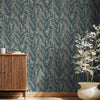 Luxury Leaf Pattern Wallpaper, Blue Embossed Botanical Tropical Exotic Wallcovering, Plants Tropical Design - Walloro High End Wallcoverings & More