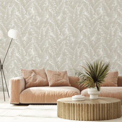 Luxury Leaf Pattern Wallpaper, Cream Embossed Botanical Tropical Exotic Wallcovering, Plants Tropical Design - Adawall -Houston Wallpaper Store - Walcoverings, Curtains & Wall Panels