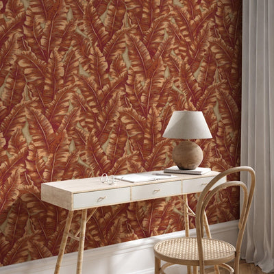 Luxury Leaf Pattern Wallpaper, Orange, Red Embossed Botanical Tropical Exotic Wallcovering, Plants Tropical Design - Adawall -Houston Wallpaper Store - Walcoverings, Curtains & Wall Panels
