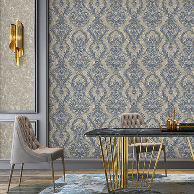 Luxury Sparkling Deep Embossed Damask Wallpaper, Gray, Navy Blue Beautiful Flocked Shimmering Rich Textured Wallcovering - Adawall -Houston Wallpaper Store - Walcoverings, Curtains & Wall Panels