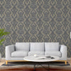 Luxury Sparkling Deep Embossed Damask Wallpaper, Gray, Navy Blue Beautiful Flocked Shimmering Rich Textured Wallcovering - Walloro High End Wallcoverings & More