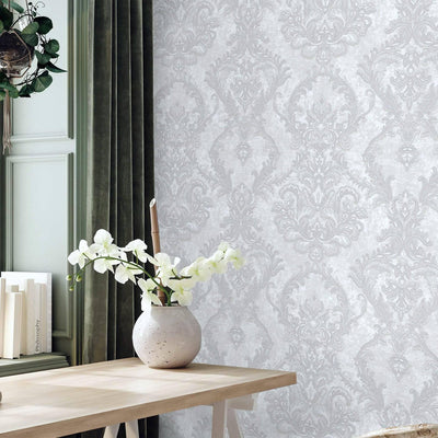 Luxury Sparkling Deep Embossed Damask Wallpaper, White, Silver Beautiful Flocked Shimmering Rich Textured Wallcovering - Adawall -Houston Wallpaper Store - Walcoverings, Curtains & Wall Panels