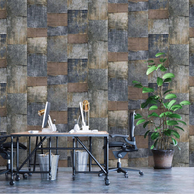 Metallic Industrial Textured Wallpaper, Dark Blue, Brown Rustic Aged Weathered Pattern Wallcovering, Large 114 sq ft Roll - Adawall -Houston Wallpaper Store - Walcoverings, Curtains & Wall Panels