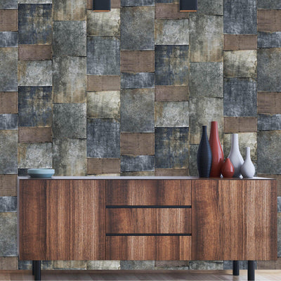 Metallic Industrial Textured Wallpaper, Dark Blue, Brown Rustic Aged Weathered Pattern Wallcovering, Large 114 sq ft Roll - Adawall -Houston Wallpaper Store - Walcoverings, Curtains & Wall Panels