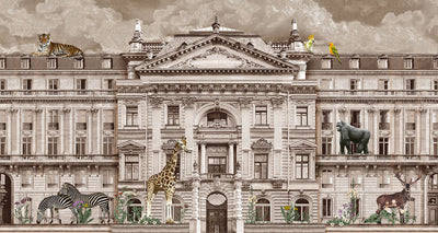 Modern Animals Building Wallpaper, Beige Jungle Wall Mural, Custom Size Architecture Wall Covering, Non-Woven, Non-Adhesive, Washable, Removable - Adawall -Houston Wallpaper Store - Walcoverings, Curtains & Wall Panels
