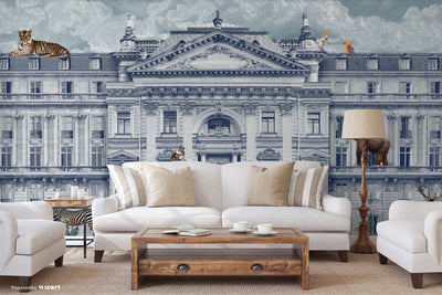 Modern Animals Building Wallpaper, Light Blue Jungle Wall Mural, Custom Size Architecture Wall Covering, Non-Woven, Non-Adhesive, Washable, Removable - Adawall -Houston Wallpaper Store - Walcoverings, Curtains & Wall Panels