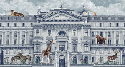 Modern Animals Building Wallpaper, Light Blue Jungle Wall Mural, Custom Size Architecture Wall Covering, Non-Woven, Non-Adhesive, Washable, Removable - Adawall -Houston Wallpaper Store - Walcoverings, Curtains & Wall Panels