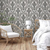 Modern Deep Embossed Damask Wallpaper, Black and White Shiny 3D Textured Wallcovering, 114 sq ft Roll, Non-Pasted, Washable, Shop Wallpaper - Walloro High End Wallcoverings & More