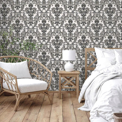 Modern Deep Embossed Damask Wallpaper, Black and White Shiny 3D Textured Wallcovering, 114 sq ft Roll, Non-Pasted, Washable, Shop Wallpaper - Adawall -Houston Wallpaper Store - Walcoverings, Curtains & Wall Panels