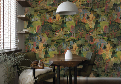 Modern Landscape Trees Wall Mural, Green Village Wallpaper, Extra Large Custom Size Wall Art, Non-Woven, Non-Adhesive, Removable, Washable - Adawall -Houston Wallpaper Store - Walcoverings, Curtains & Wall Panels