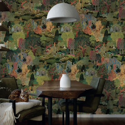 Modern Landscape Trees Wall Mural, Green Village Wallpaper, Extra Large Custom Size Wall Art, Non-Woven, Non-Adhesive, Removable, Washable - Adawall -Houston Wallpaper Store - Walcoverings, Curtains & Wall Panels