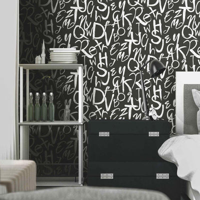 Modern Letters Wallpaper, Rich Textured Wallcovering, Traditional, Kids Room, Large 114 sq ft Roll, Washable, Alphabets Wallpaper, Black - Adawall -Houston Wallpaper Store - Walcoverings, Curtains & Wall Panels