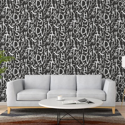 Modern Letters Wallpaper, Rich Textured Wallcovering, Traditional, Kids Room, Large 114 sq ft Roll, Washable, Alphabets Wallpaper, Black - Adawall -Houston Wallpaper Store - Walcoverings, Curtains & Wall Panels