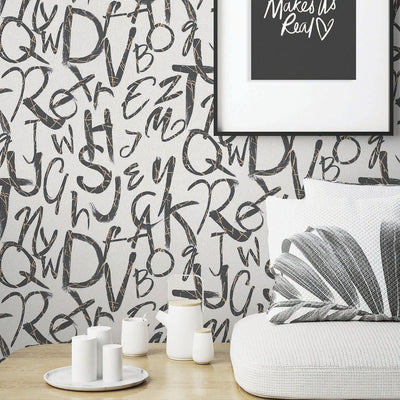 Modern Letters Wallpaper, Rich Textured Wallcovering, Traditional, Kids Room, Large 114 sq ft Roll, Washable, Alphabets, White N Black - Adawall -Houston Wallpaper Store - Walcoverings, Curtains & Wall Panels