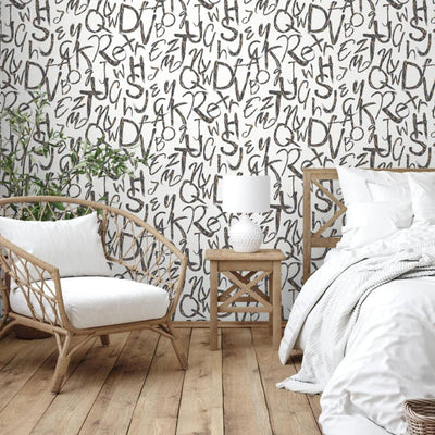 Modern Letters Wallpaper, Rich Textured Wallcovering, Traditional, Kids Room, Large 114 sq ft Roll, Washable, Alphabets, White N Black - Adawall -Houston Wallpaper Store - Walcoverings, Curtains & Wall Panels