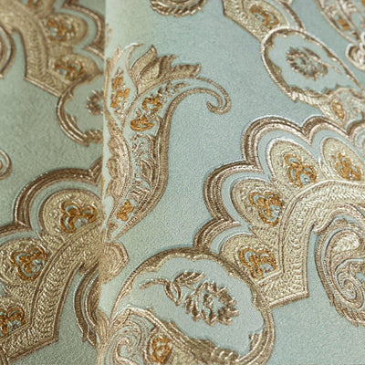 Modern Light Teal, Gold Damask Wallpaper, Home Wall Decor, Aesthetic Wallpaper, Textured Wallcovering Non-Adhesive and Non-Peel and Stick - Adawall -Houston Wallpaper Store - Walcoverings, Curtains & Wall Panels