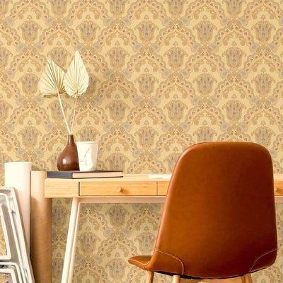 Modern Yellow Damask Wallpaper, Home Wall Decor, Aesthetic Wallpaper, Textured Wallcovering Non-Adhesive and Non-Peel and Stick - Adawall -Houston Wallpaper Store - Walcoverings, Curtains & Wall Panels