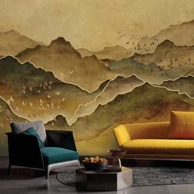 Mountain Scenic Wall Mural, Yellow Nature Wallpaper, Custom Size Wall Covering, Non-Woven, Non-Pasted, Removable, Washable, Extra Large Bird Art - Adawall -Houston Wallpaper Store - Walcoverings, Curtains & Wall Panels