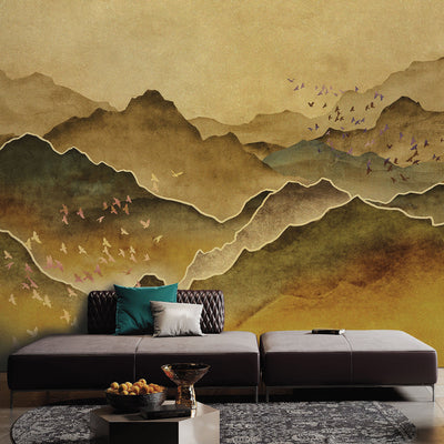 Mountain Scenic Wall Mural, Yellow Nature Wallpaper, Custom Size Wall Covering, Non-Woven, Non-Pasted, Removable, Washable, Extra Large Bird Art - Adawall -Houston Wallpaper Store - Walcoverings, Curtains & Wall Panels