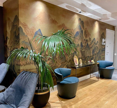 Mountains Scenic Wall Mural, Yellow Landscape Wallpaper, Modern Custom Size Wall Covering, Non-Woven, Non-Pasted, Washable, Removable, Extra Large Wall Covering - Adawall -Houston Wallpaper Store - Walcoverings, Curtains & Wall Panels