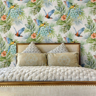 Multi-Color Birds Deep Embossed Wallpaper, White, Red, Blue Stylish 3D Textured Tropical Plants Wallcovering - Adawall -Houston Wallpaper Store - Walcoverings, Curtains & Wall Panels