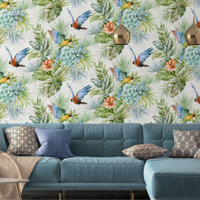 Multi-Color Birds Deep Embossed Wallpaper, White, Red, Blue Stylish 3D Textured Tropical Plants Wallcovering - Adawall -Houston Wallpaper Store - Walcoverings, Curtains & Wall Panels