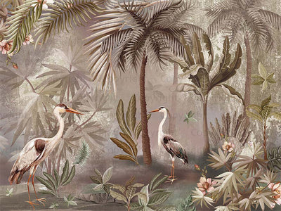 Nature Forest Wallpaper, Birds Palm Tree Wall Mural, Brown Jungle Theme Large Wall Art, Non-Woven, Non-Adhesive, Removable, Exotic Wall Paper - Adawall -Houston Wallpaper Store - Walcoverings, Curtains & Wall Panels