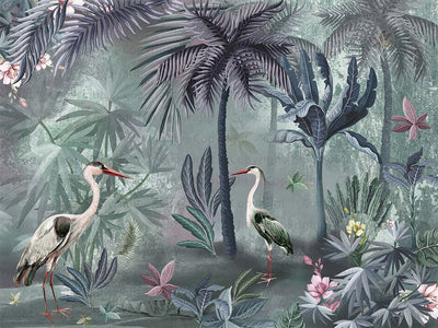 Nature Forest Wallpaper, Birds Palm Tree Wall Mural, Green Jungle Theme Large Wall Art, Non-Woven, Non-Adhesive, Removable, Exotic Wall Paper - Adawall -Houston Wallpaper Store - Walcoverings, Curtains & Wall Panels