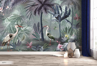 Nature Forest Wallpaper, Birds Palm Tree Wall Mural, Green Jungle Theme Large Wall Art, Non-Woven, Non-Adhesive, Removable, Exotic Wall Paper - Adawall -Houston Wallpaper Store - Walcoverings, Curtains & Wall Panels