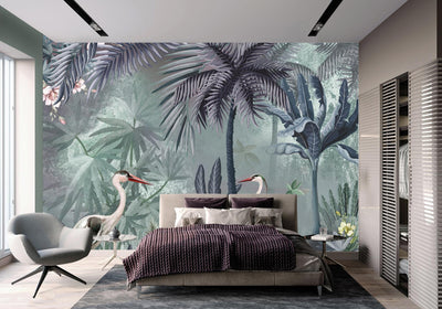 Nature Forest Wallpaper, Birds Palm Tree Wall Mural, Green Jungle Theme Large Wall Art, Non-Woven, Non-Adhesive, Removable, Exotic Wall Paper - Adawall -Houston Wallpaper Store - Walcoverings, Curtains & Wall Panels