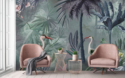Nature Forest Wallpaper, Birds Palm Tree Wall Mural, Green Jungle Theme Large Wall Art, Non-Woven, Non-Adhesive, Removable, Exotic Wall Paper - Adawall -Houston Wallpaper Store - Walcoverings, Curtains & Wall Panels