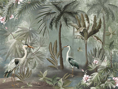 Nature Forest Wallpaper, Birds Palm Tree Wall Mural, Light Green Jungle Theme Large Wall Art, Non-Woven, Non-Adhesive, Removable, Exotic Wall Paper - Adawall -Houston Wallpaper Store - Walcoverings, Curtains & Wall Panels