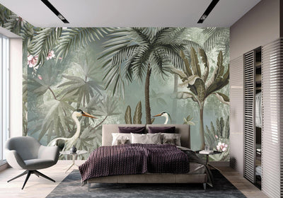 Nature Forest Wallpaper, Birds Palm Tree Wall Mural, Light Green Jungle Theme Large Wall Art, Non-Woven, Non-Adhesive, Removable, Exotic Wall Paper - Adawall -Houston Wallpaper Store - Walcoverings, Curtains & Wall Panels